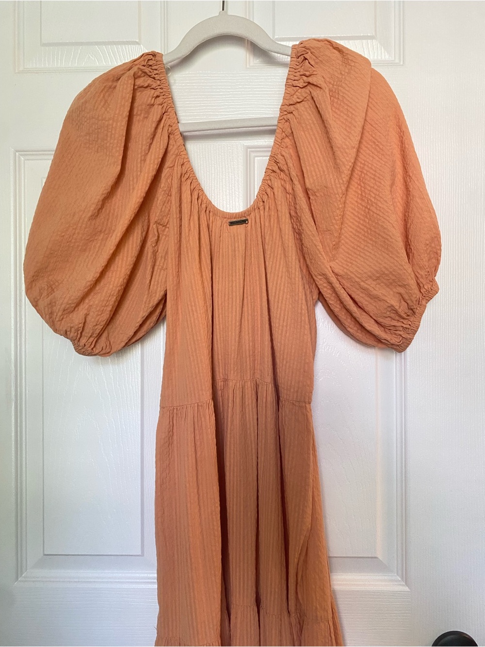 Billabong Endless Shore Puffed Sleeves Orange Tan Tiered Ribbed Maxi Dress M - Picture 6 of 10